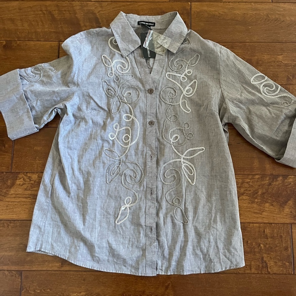 Lauren Michelle Gray Rope Sparkle Design Rollup Sleeve Button Blouse Size XL